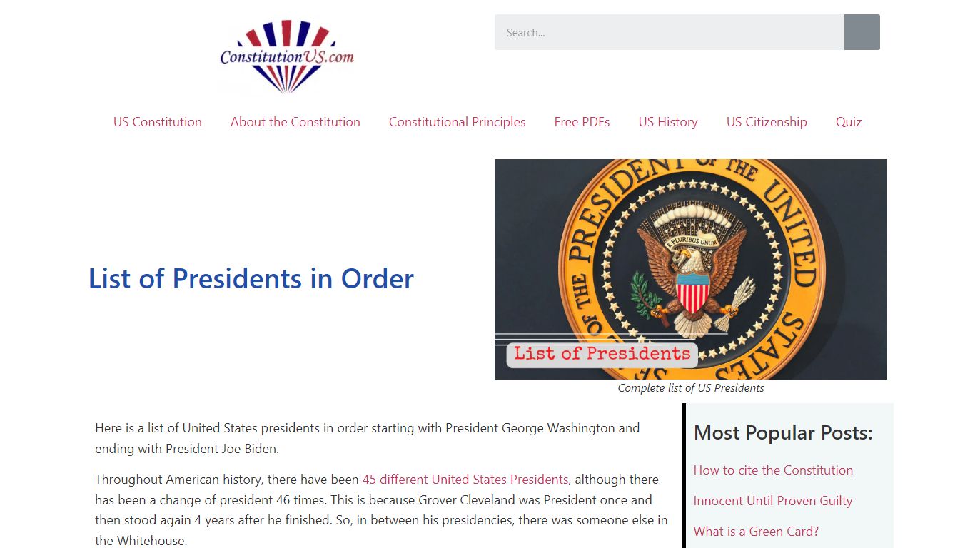 List of Presidents in Order - Constitution of the United States